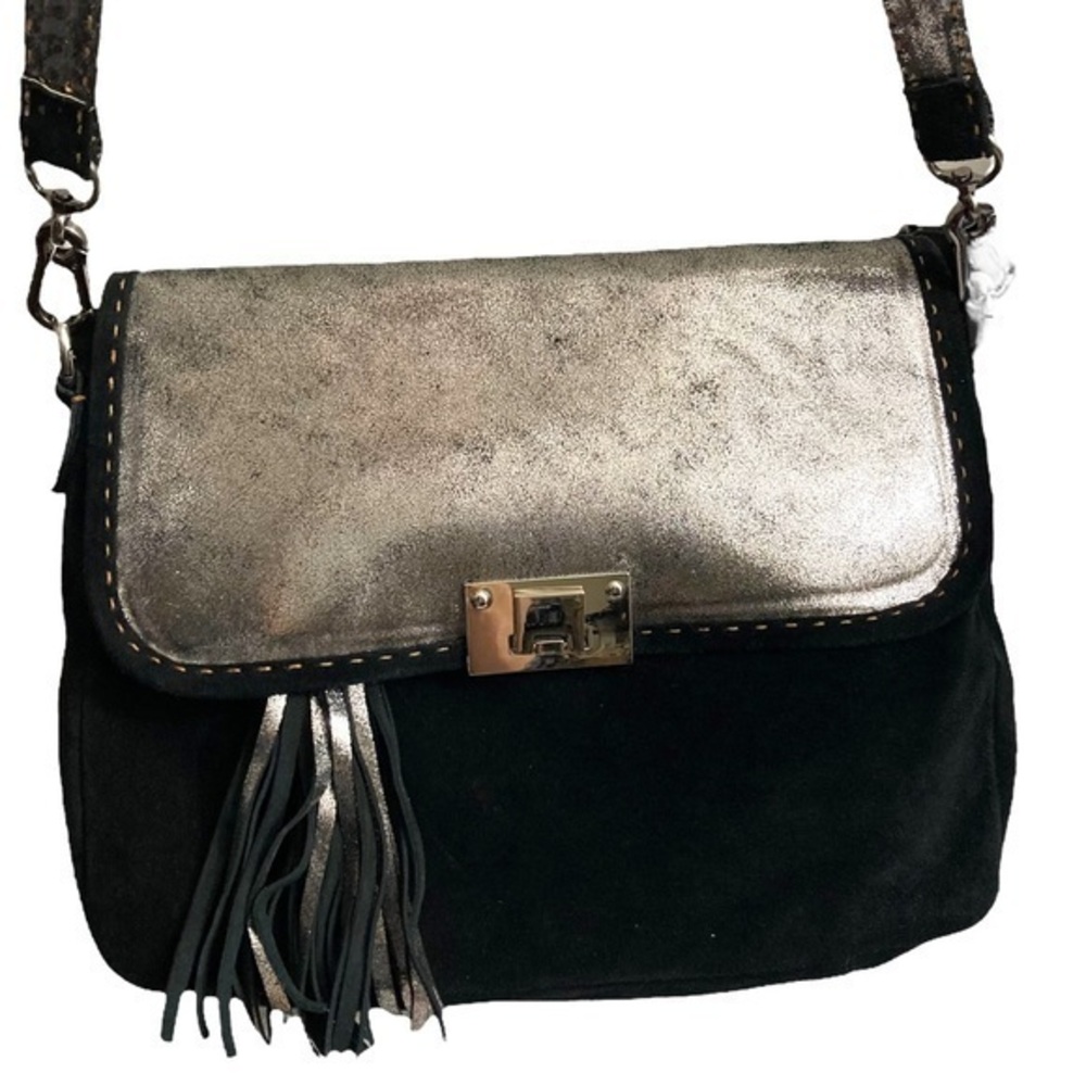 Carla mancini black suede and silver flap messenger bag adjustable strap